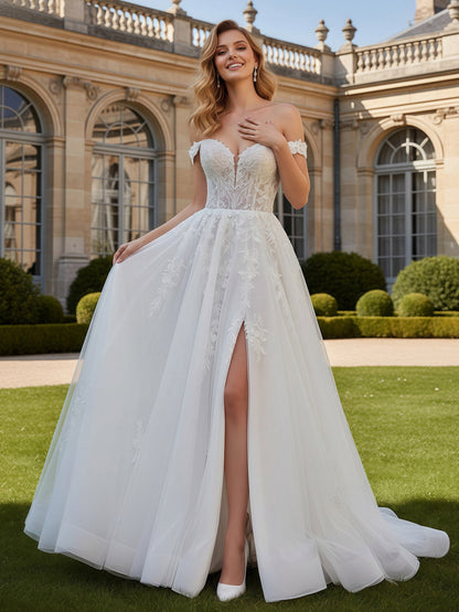 Vestido de Novia de Tul y Encaje con Hombros Descubiertos en Color Blanco