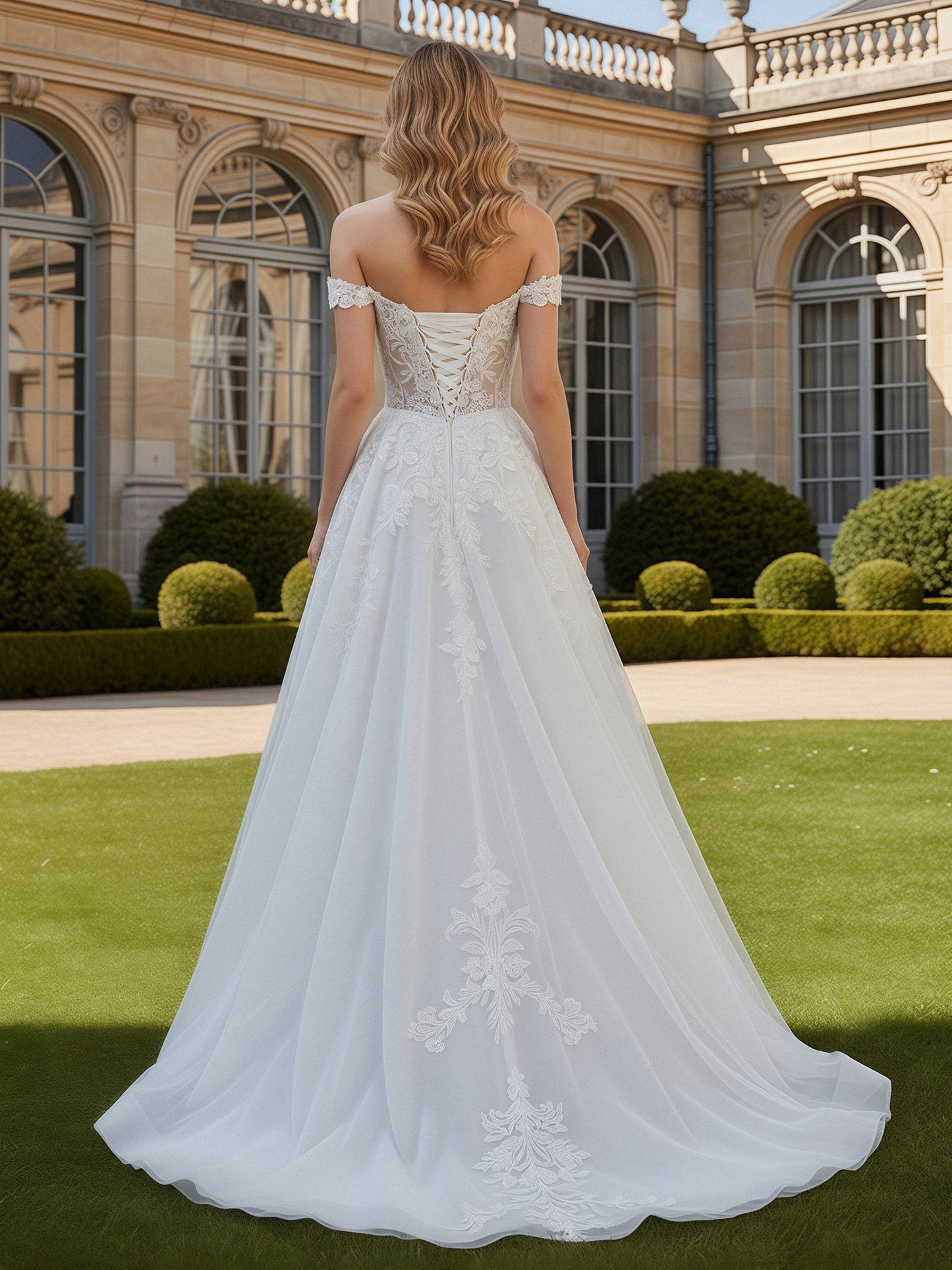 Vestido de Novia de Tul y Encaje con Hombros Descubiertos en Color Blanco