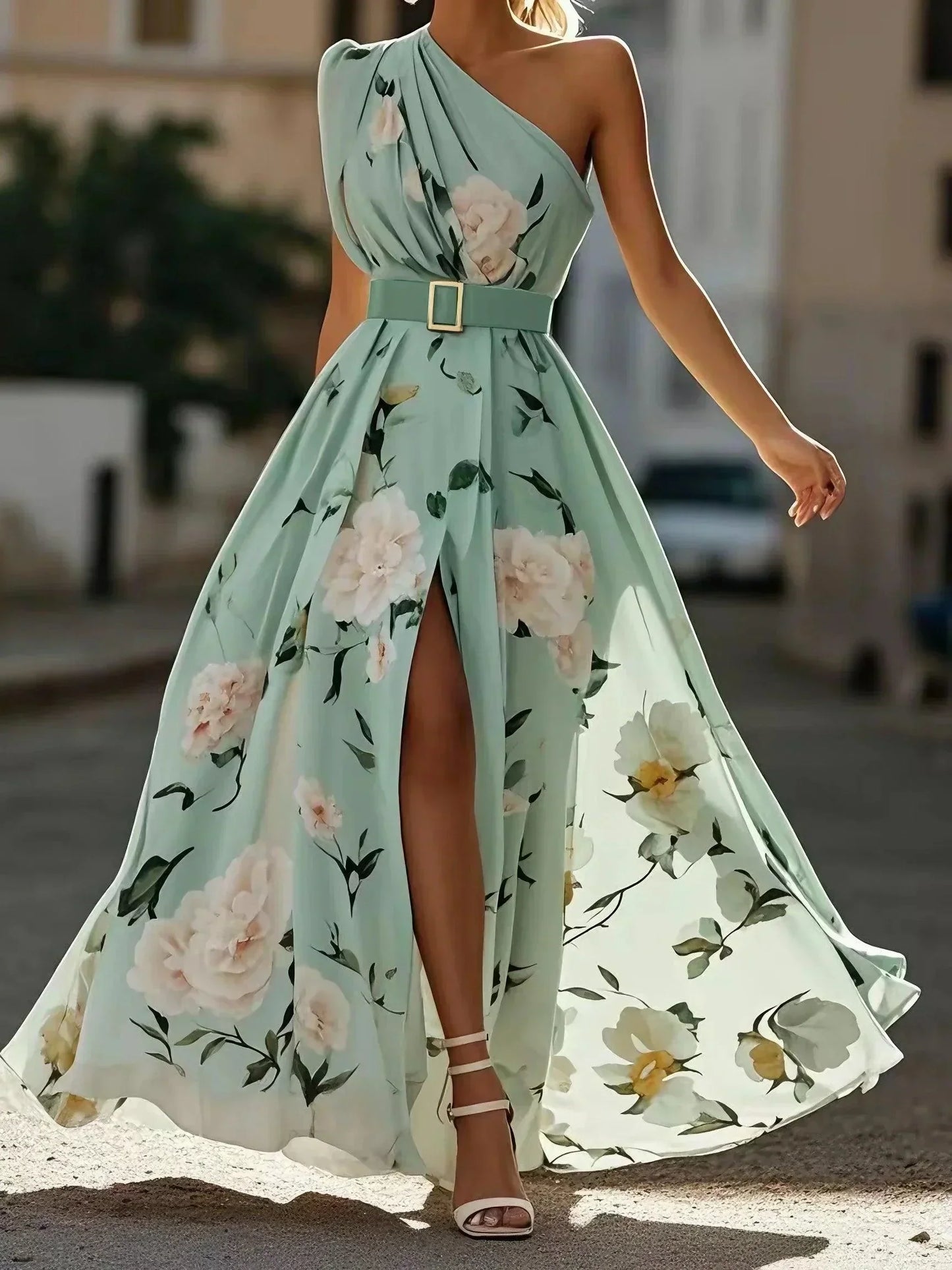 Julie | Vestido maxi de gasa verde con estampado floral