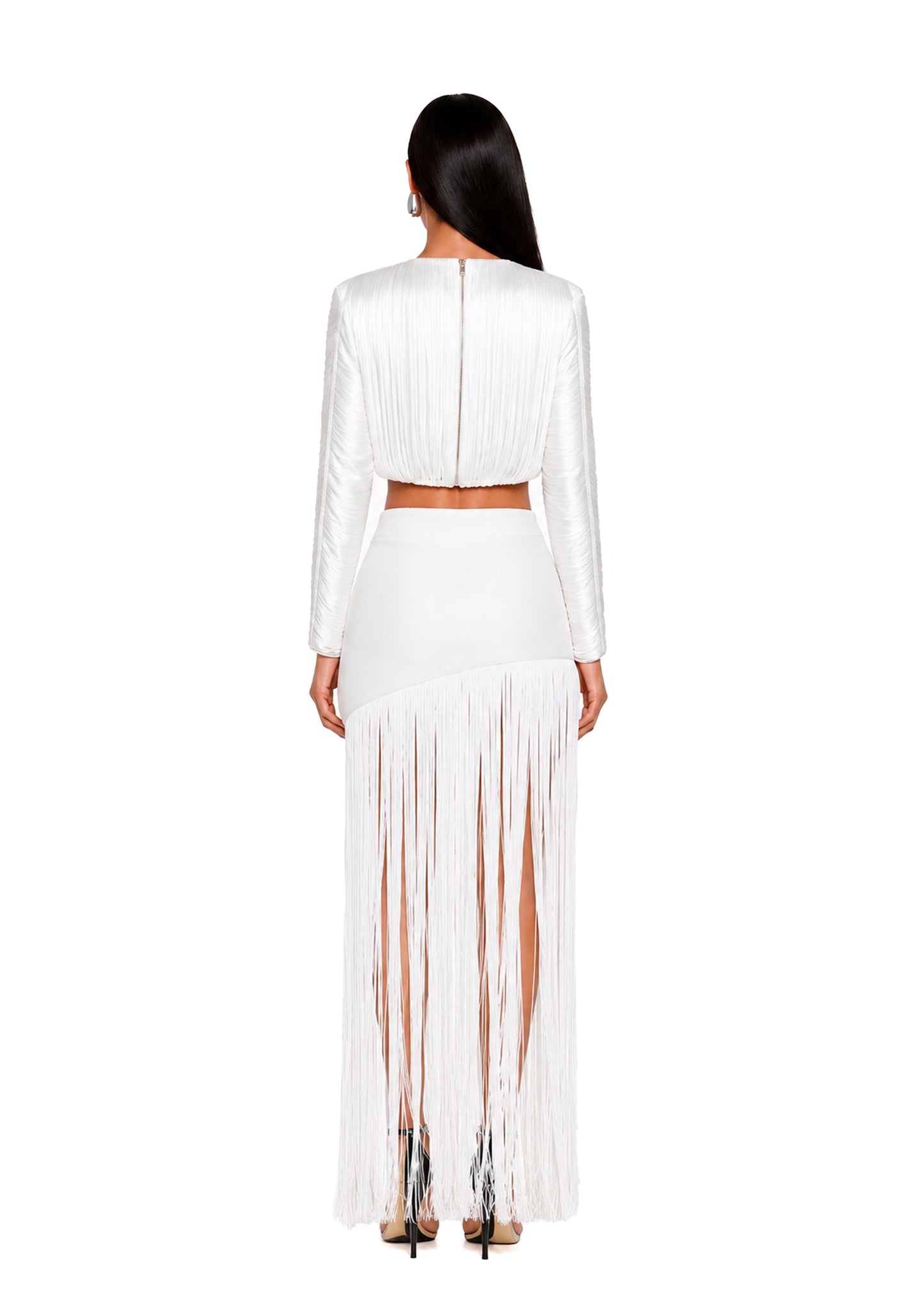 Blanco Xakery Top de Manga Larga con Flecos