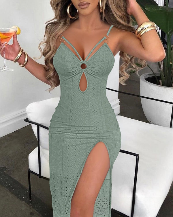 Vestido de Fiesta con Tirantes, Cadena y Calados en Jacquard