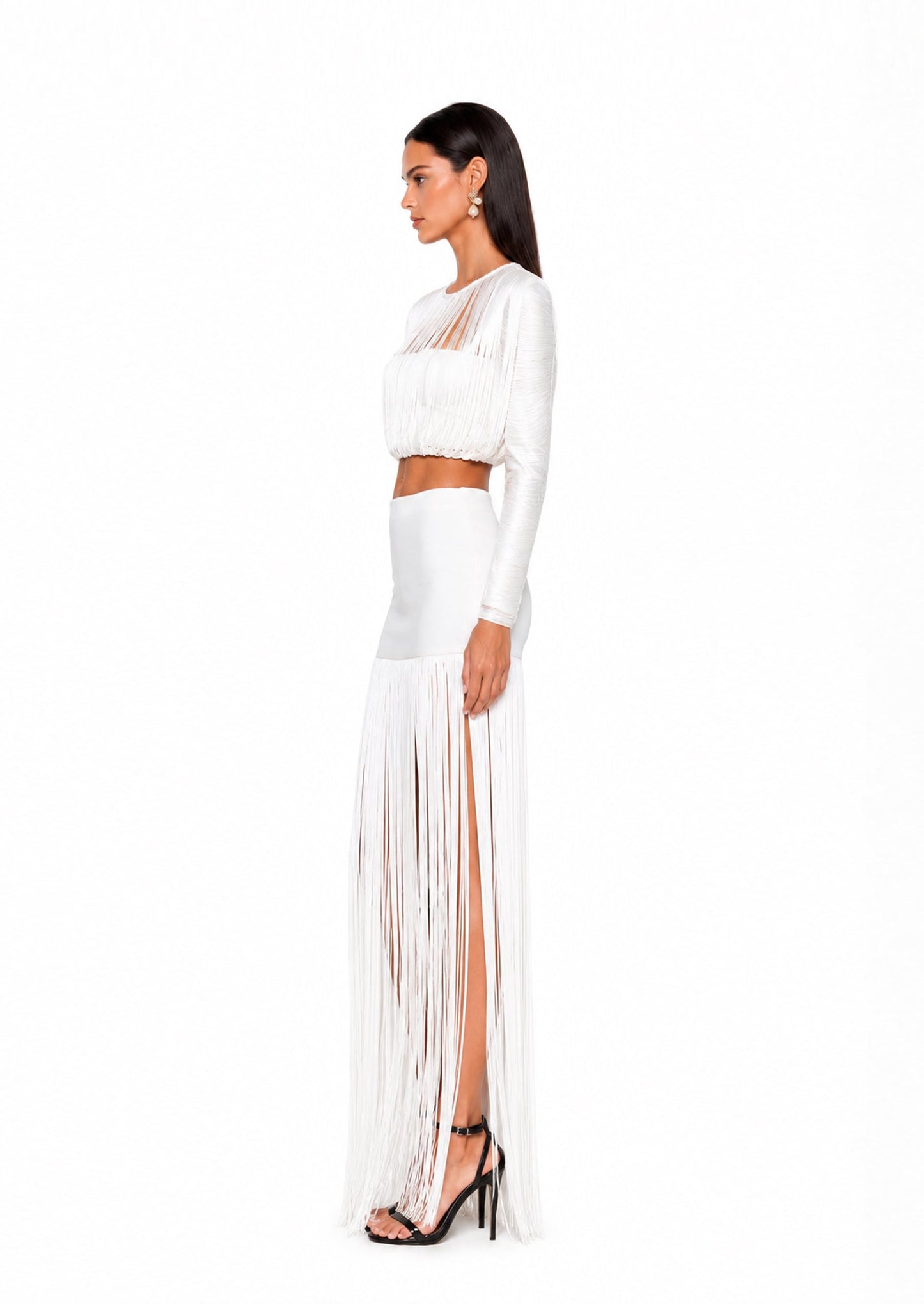 Blanco Xakery Top de Manga Larga con Flecos
