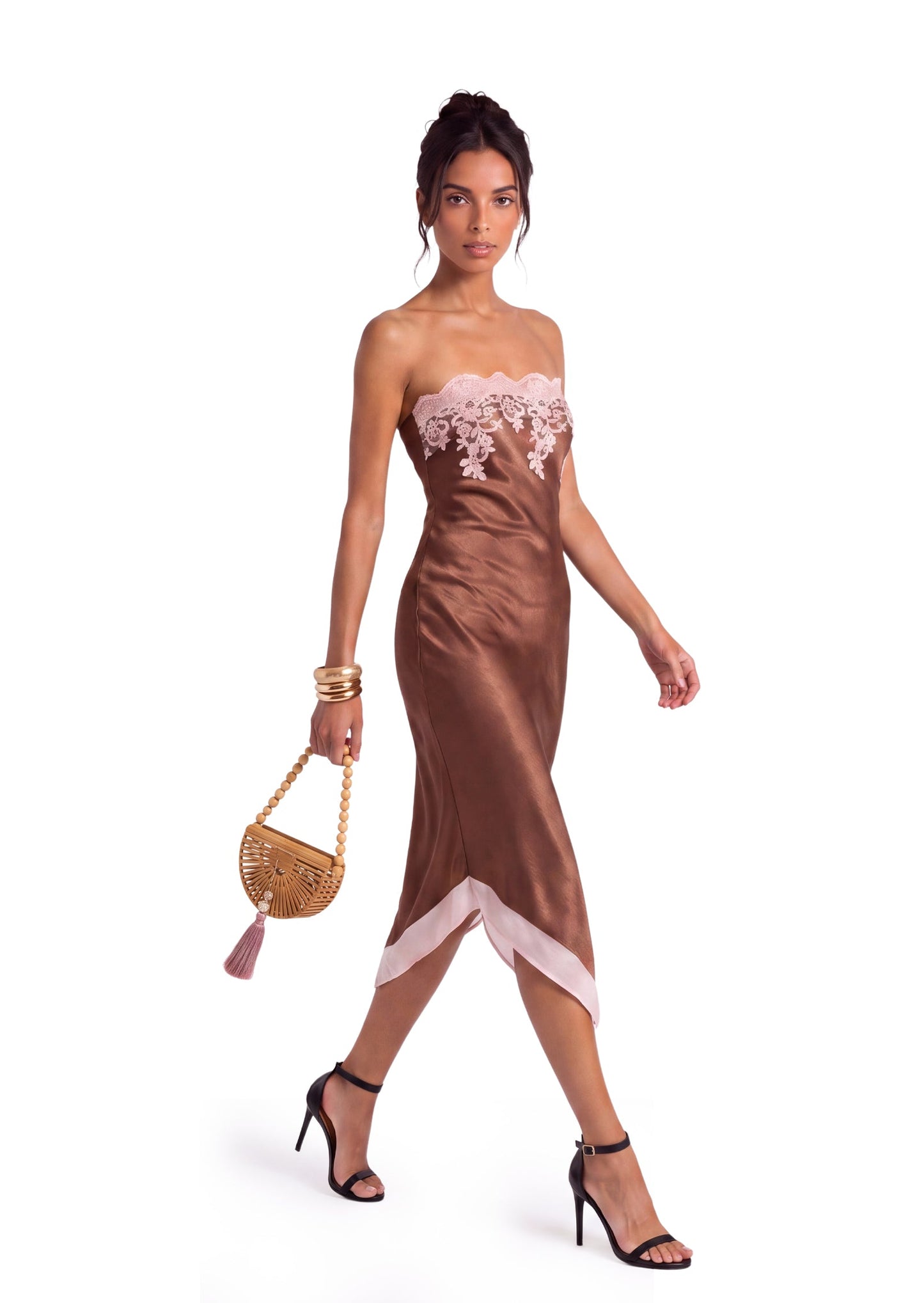 Vestido Midi Sin Mangas de Satén con Encaje Deodat