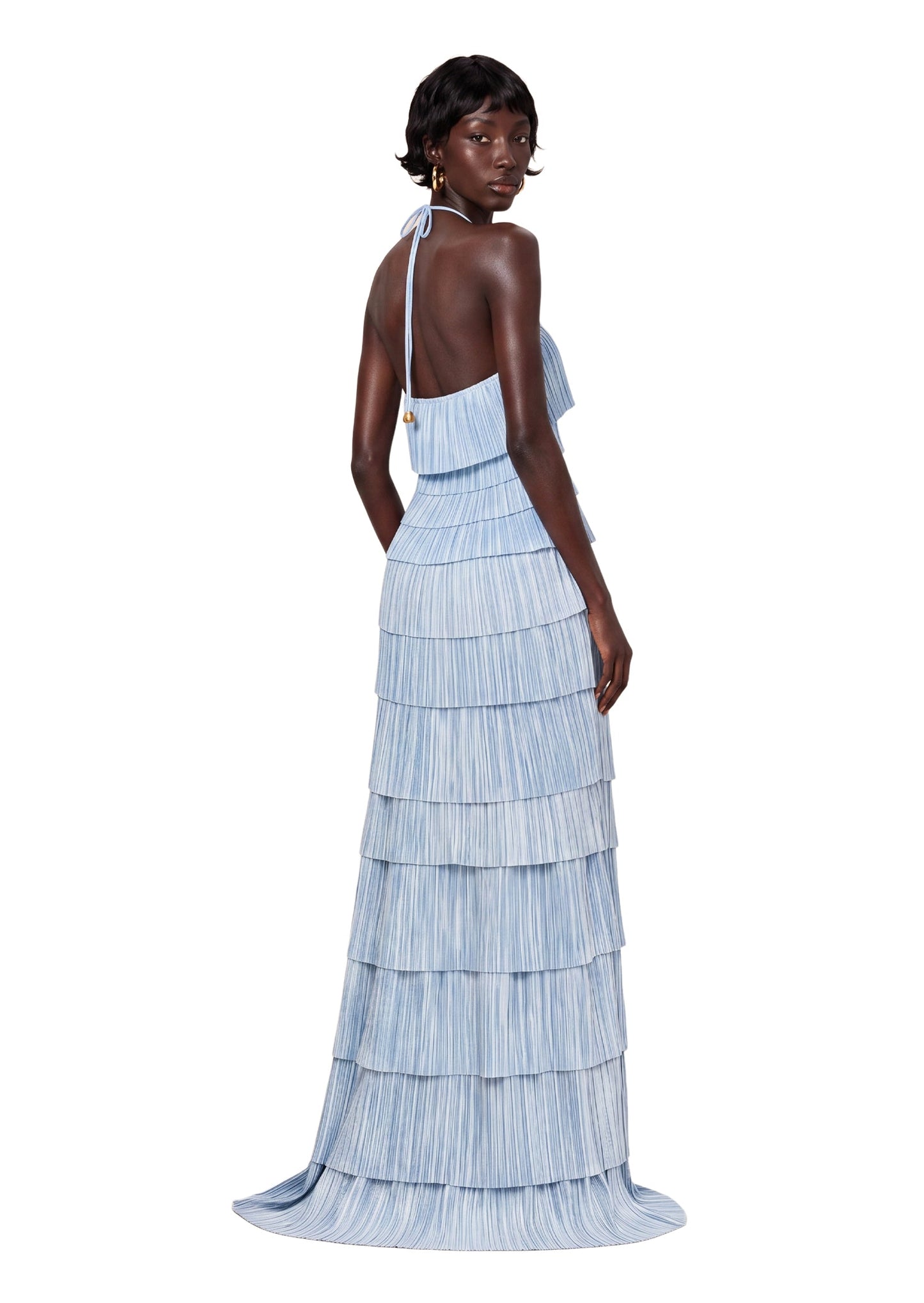 Vestido Maxi con Capas Rizadas y Cuello Halter Kadmiel