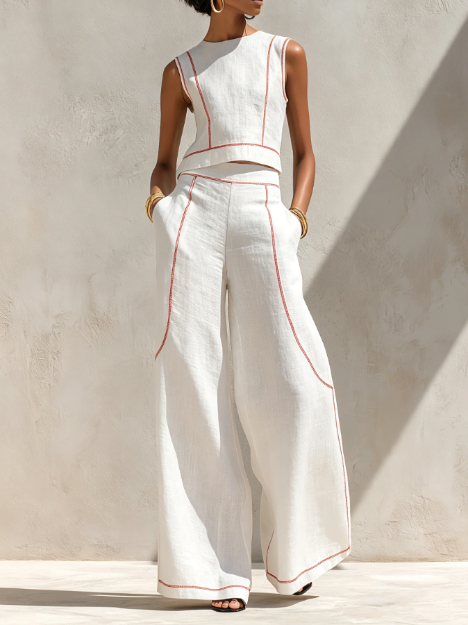 Conjunto de Blusa Minimalista y Pantalón de Pierna Ancha en Mezcla de Lino para Dama