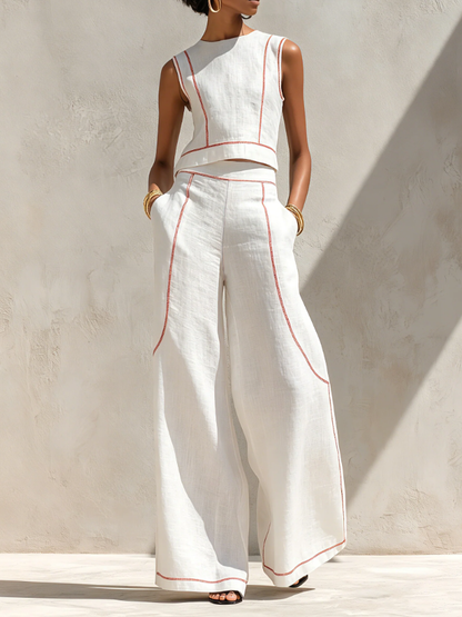 Conjunto de Blusa Minimalista y Pantalón de Pierna Ancha en Mezcla de Lino para Dama