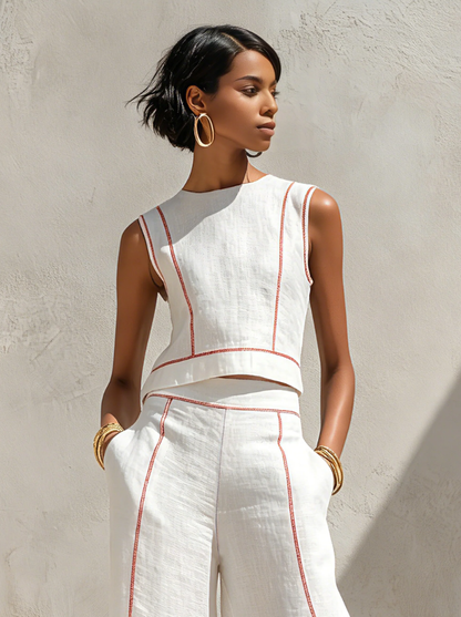Conjunto de Blusa Minimalista y Pantalón de Pierna Ancha en Mezcla de Lino para Dama