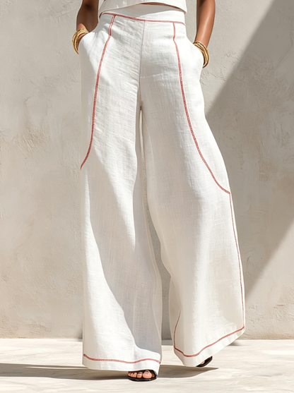 Conjunto de Blusa Minimalista y Pantalón de Pierna Ancha en Mezcla de Lino para Dama