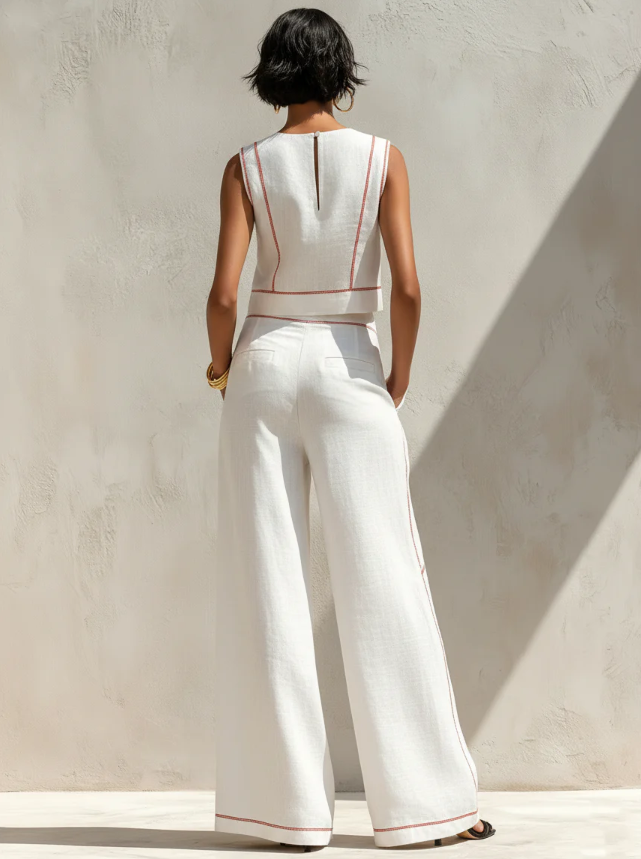 Conjunto de Blusa Minimalista y Pantalón de Pierna Ancha en Mezcla de Lino para Dama