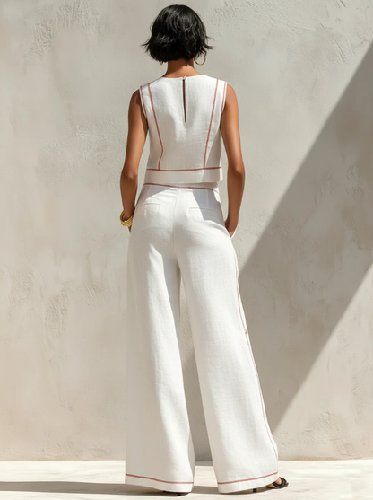 Conjunto de Blusa Minimalista y Pantalón de Pierna Ancha en Mezcla de Lino para Dama