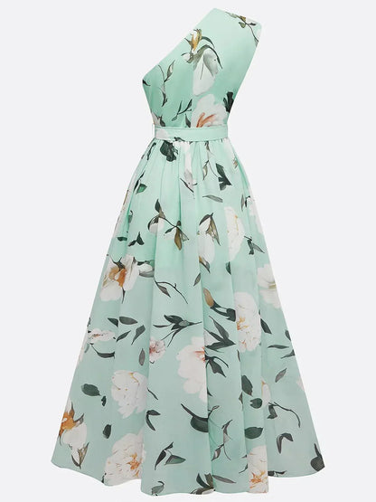 Julie | Vestido maxi de gasa verde con estampado floral