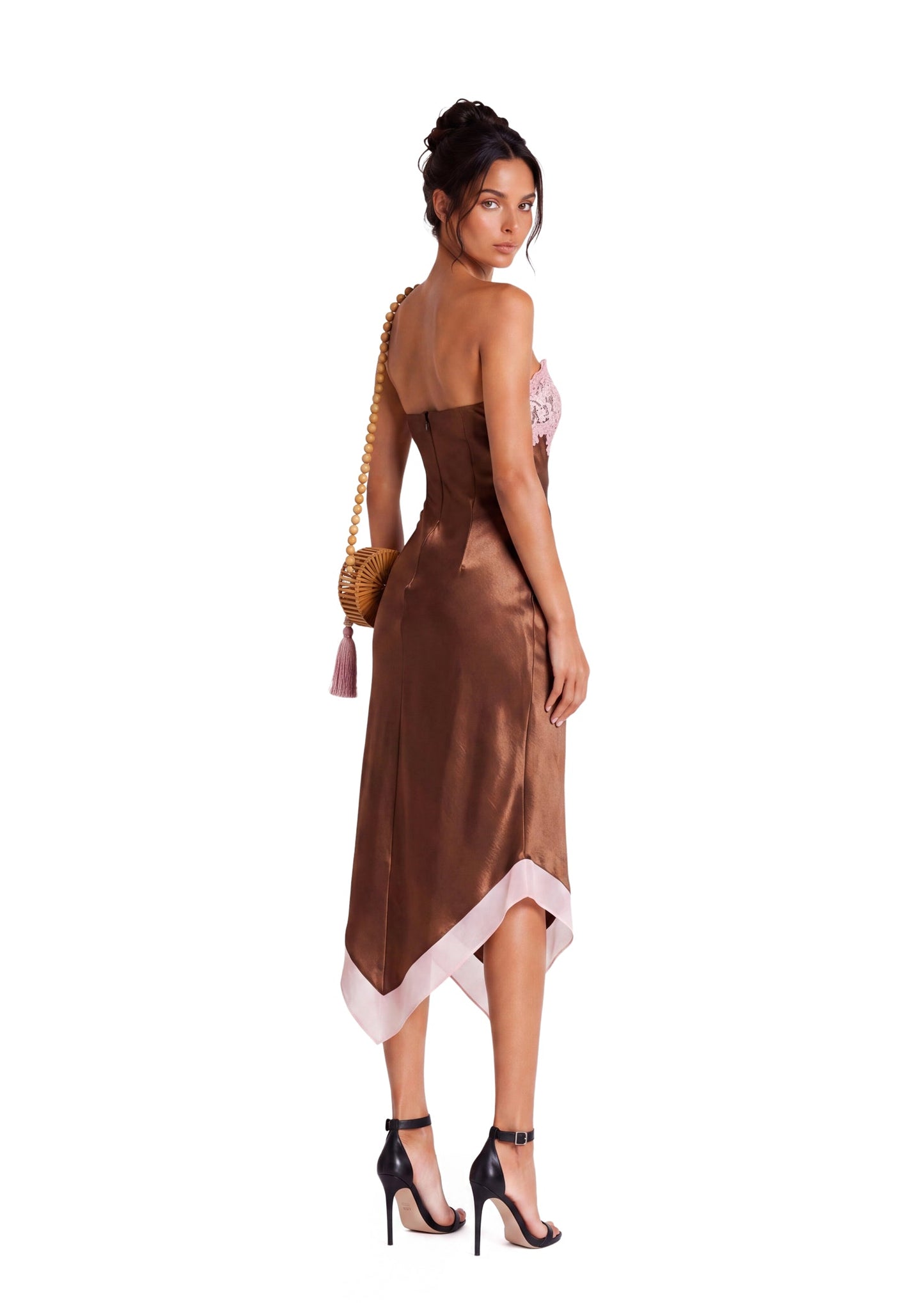 Vestido Midi Sin Mangas de Satén con Encaje Deodat