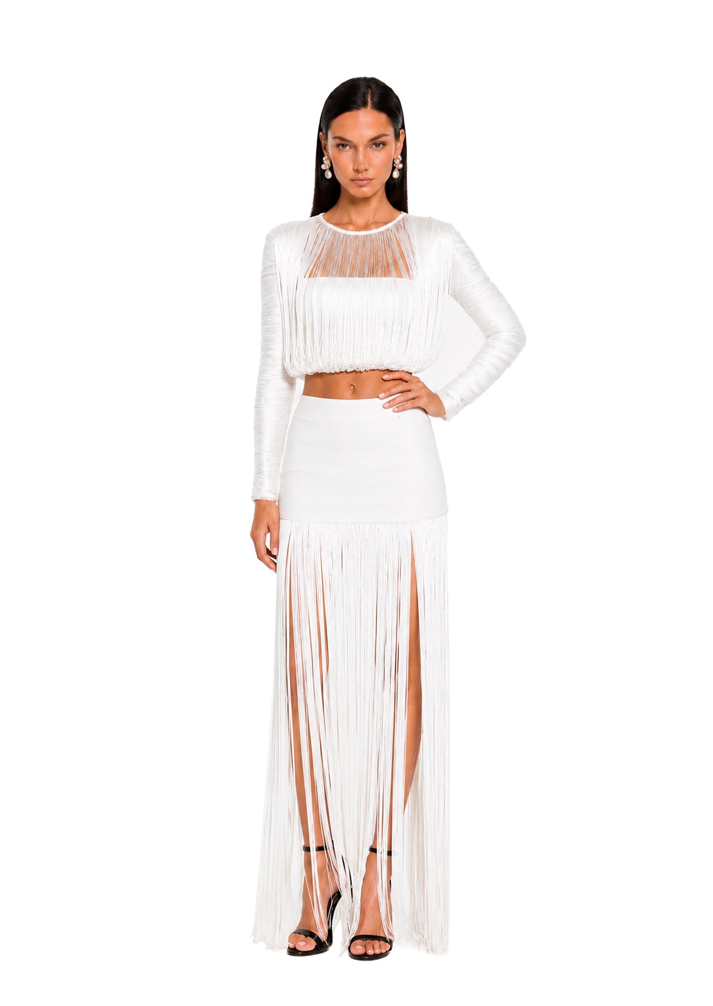 Blanco Xakery Top de Manga Larga con Flecos