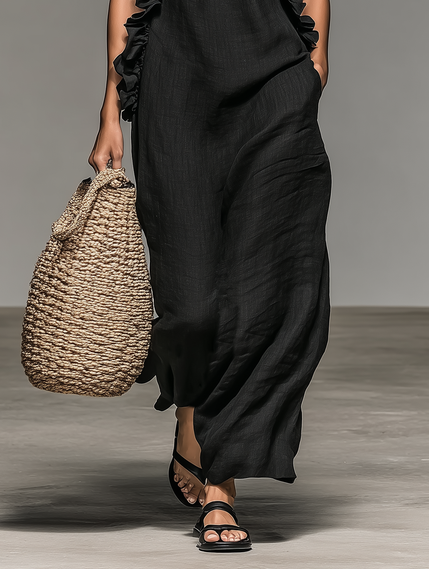 Maxi Dress Sin Mangas Minimalista con Detalles de Volantes para Mujer MDZ1622A0Y