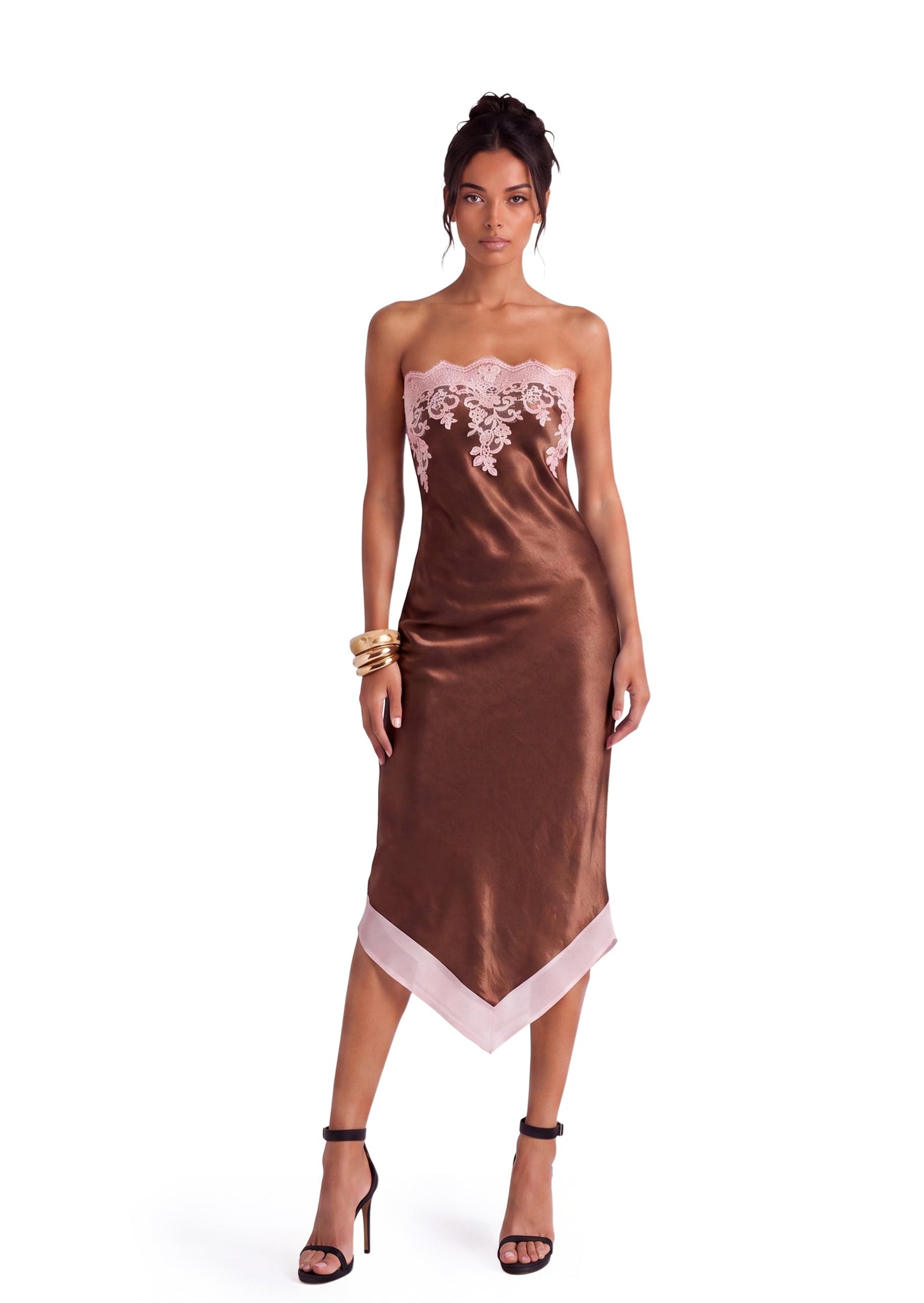 Vestido Midi Sin Mangas de Satén con Encaje Deodat