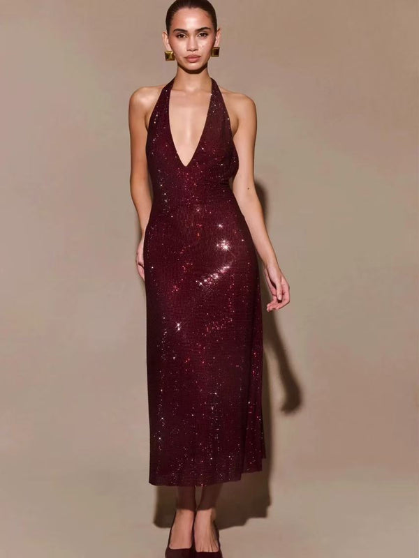 Vestido de Fiesta con Lentejuelas y Escote en V