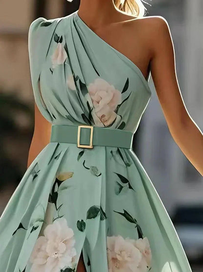 Julie | Vestido maxi de gasa verde con estampado floral