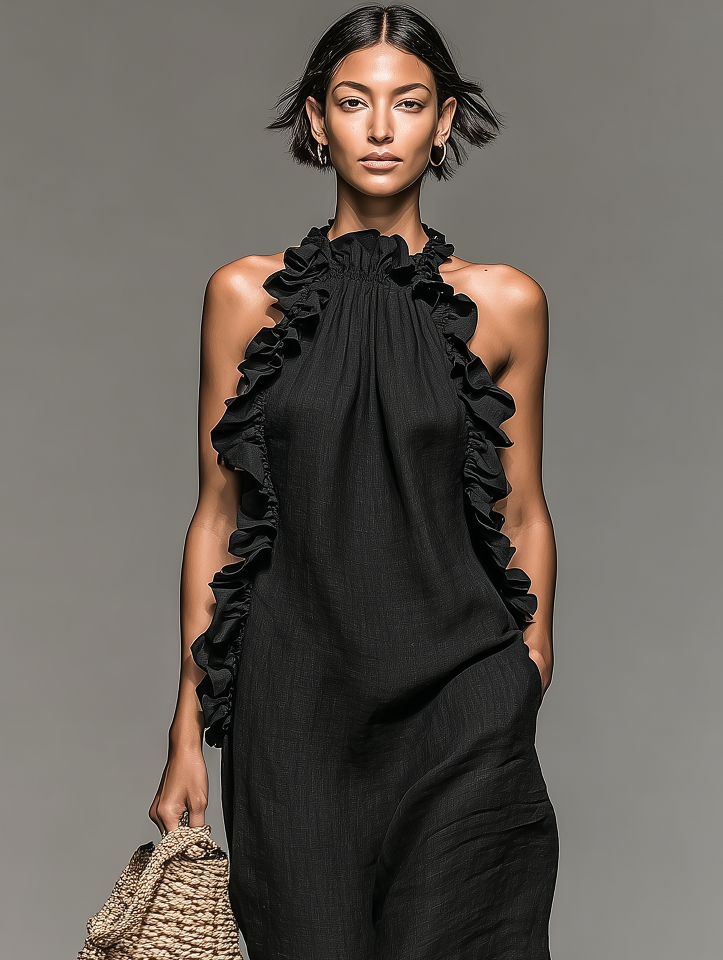 Maxi Dress Sin Mangas Minimalista con Detalles de Volantes para Mujer MDZ1622A0Y