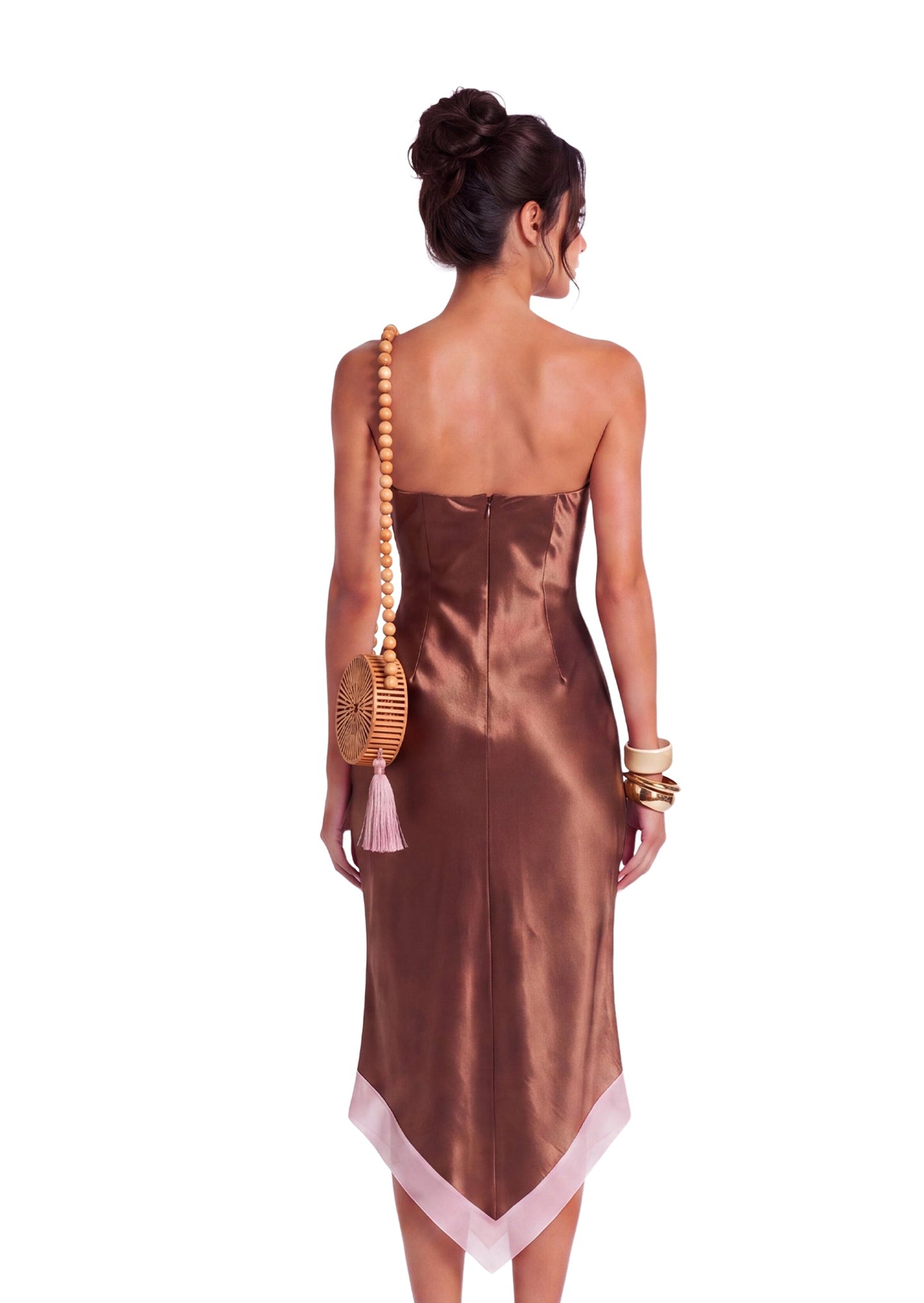 Vestido Midi Sin Mangas de Satén con Detalles de Encaje Deodat