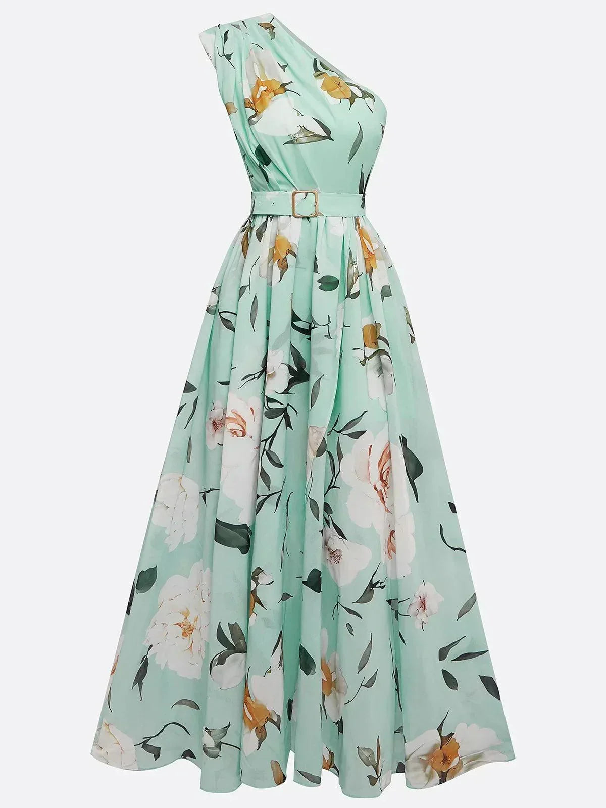 Julie | Vestido maxi de gasa verde con estampado floral