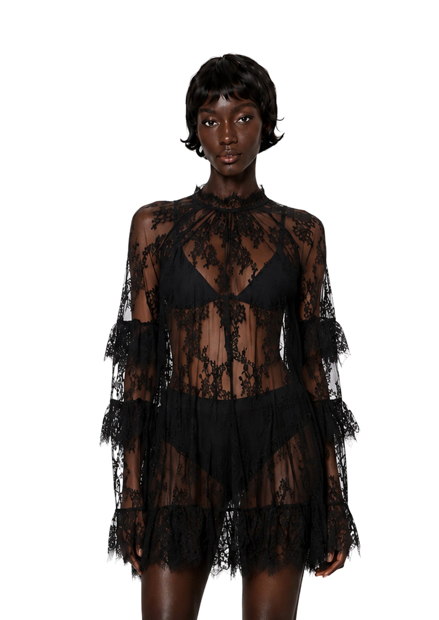 Vestido Corto de Encaje con Manga Larga Islandia