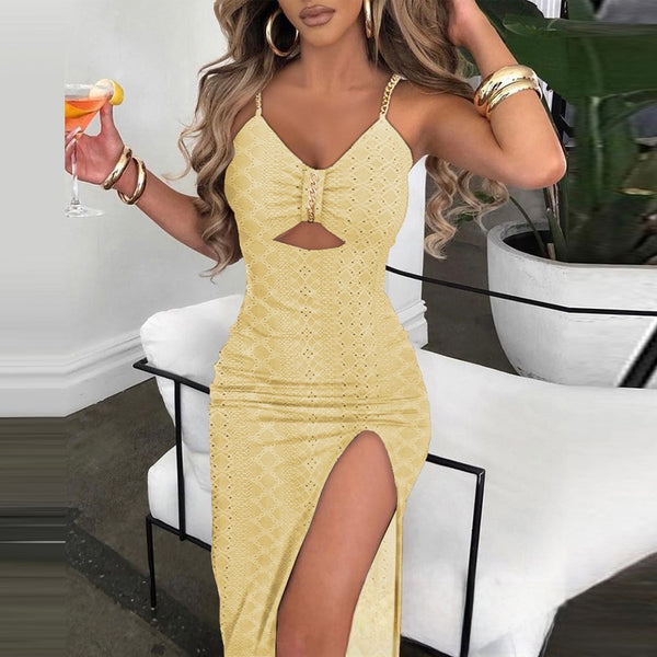 Vestido de Fiesta con Tirantes, Cadena y Calados en Jacquard