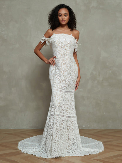 Vestido de Novia Bohemio Vintage de Encaje con Manga Off the Shoulder