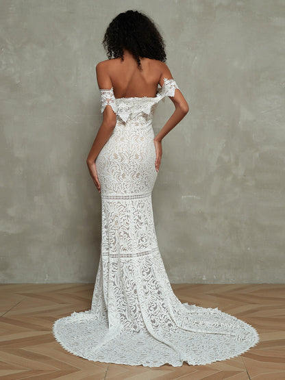 Vestido de Novia Bohemio Vintage de Encaje con Manga Off the Shoulder