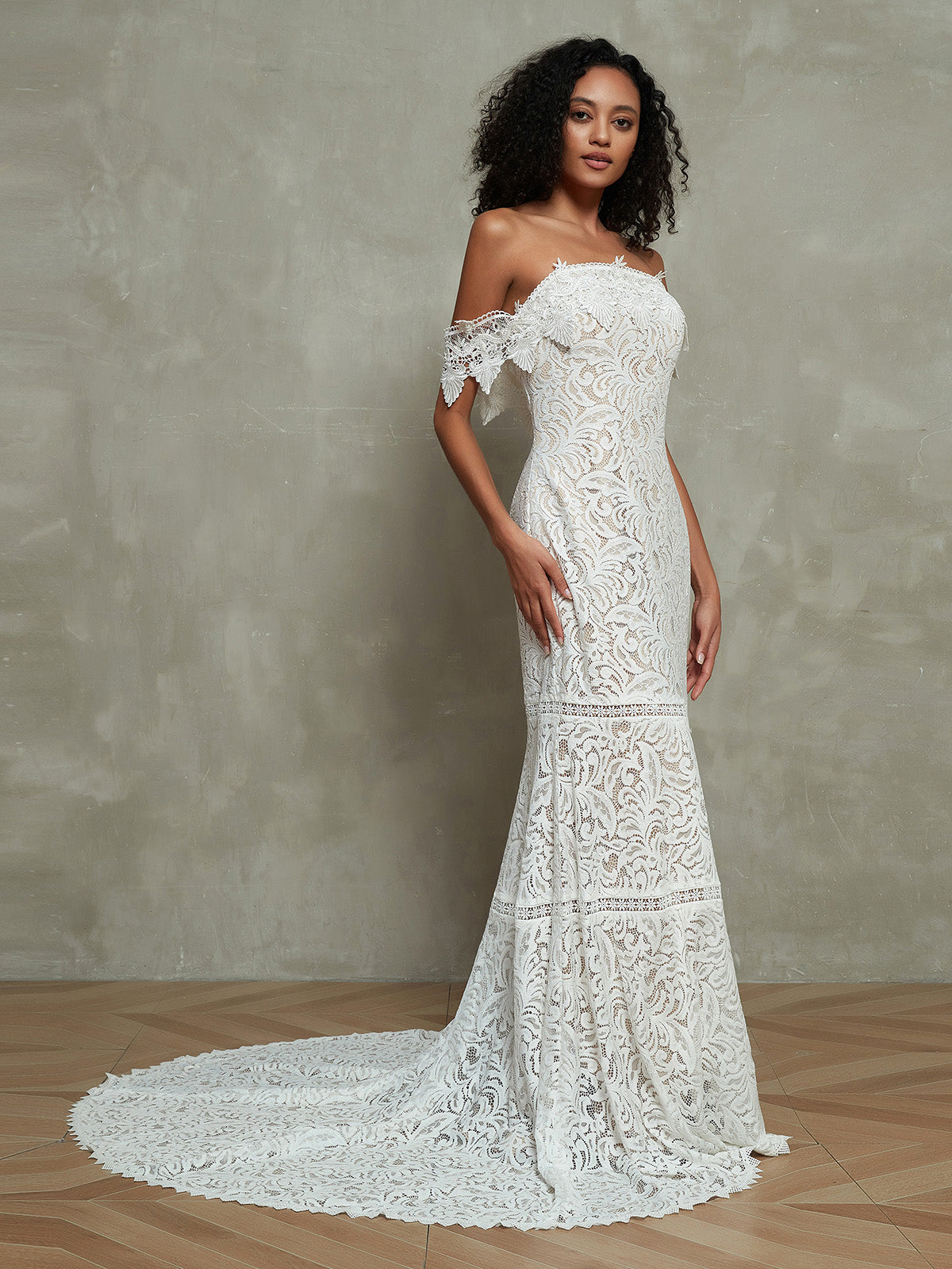 Vestido de Novia Bohemio Vintage de Encaje con Manga Off the Shoulder