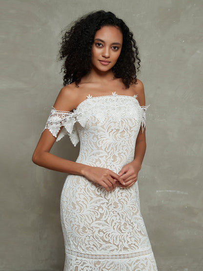 Vestido de Novia Bohemio Vintage de Encaje con Manga Off the Shoulder