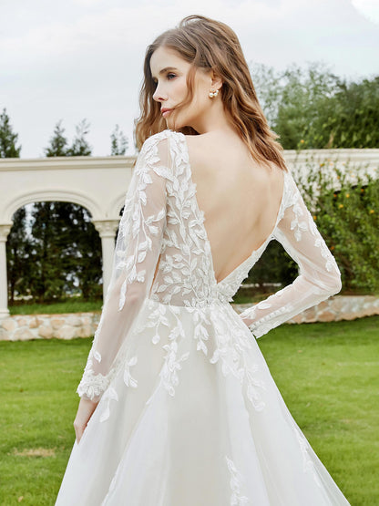 Vestido de Novia con Escote en V Profundo, Corsé de Encaje y Abertura en Color Marfil