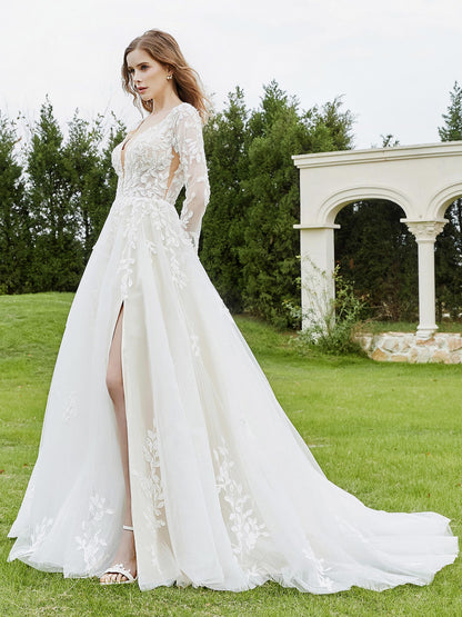 Vestido de Novia con Escote en V Profundo, Corsé de Encaje y Abertura en Color Marfil