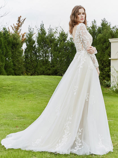Vestido de Novia con Escote en V Profundo, Corsé de Encaje y Abertura en Color Marfil