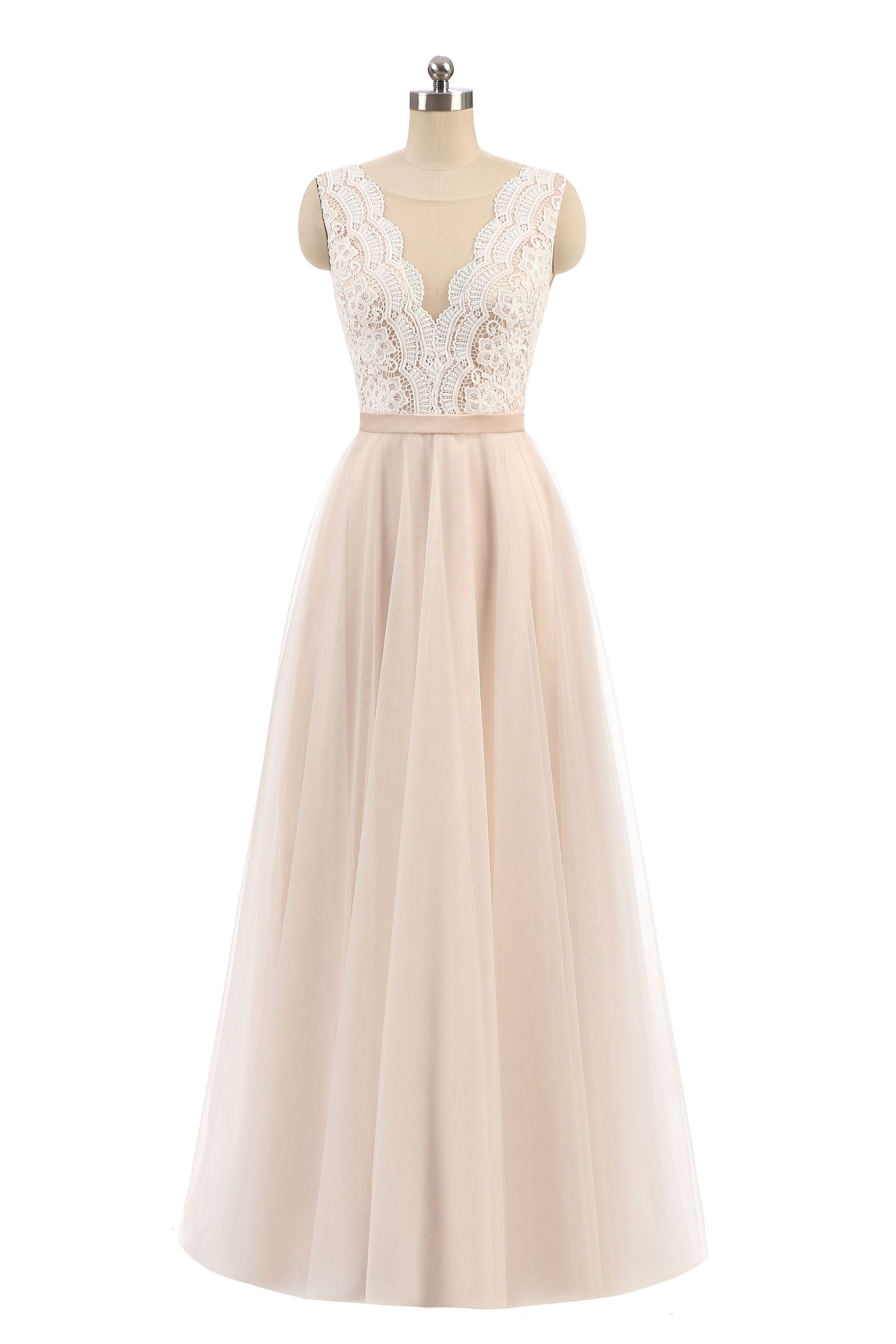 Vestido Largo Champagne con Escote en V y Corsé de Encaje con Falda de Tul