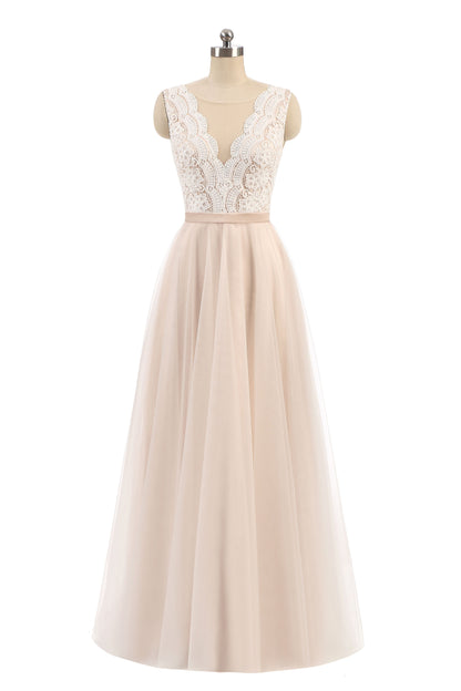 Vestido Largo Champagne con Escote en V y Corsé de Encaje con Falda de Tul