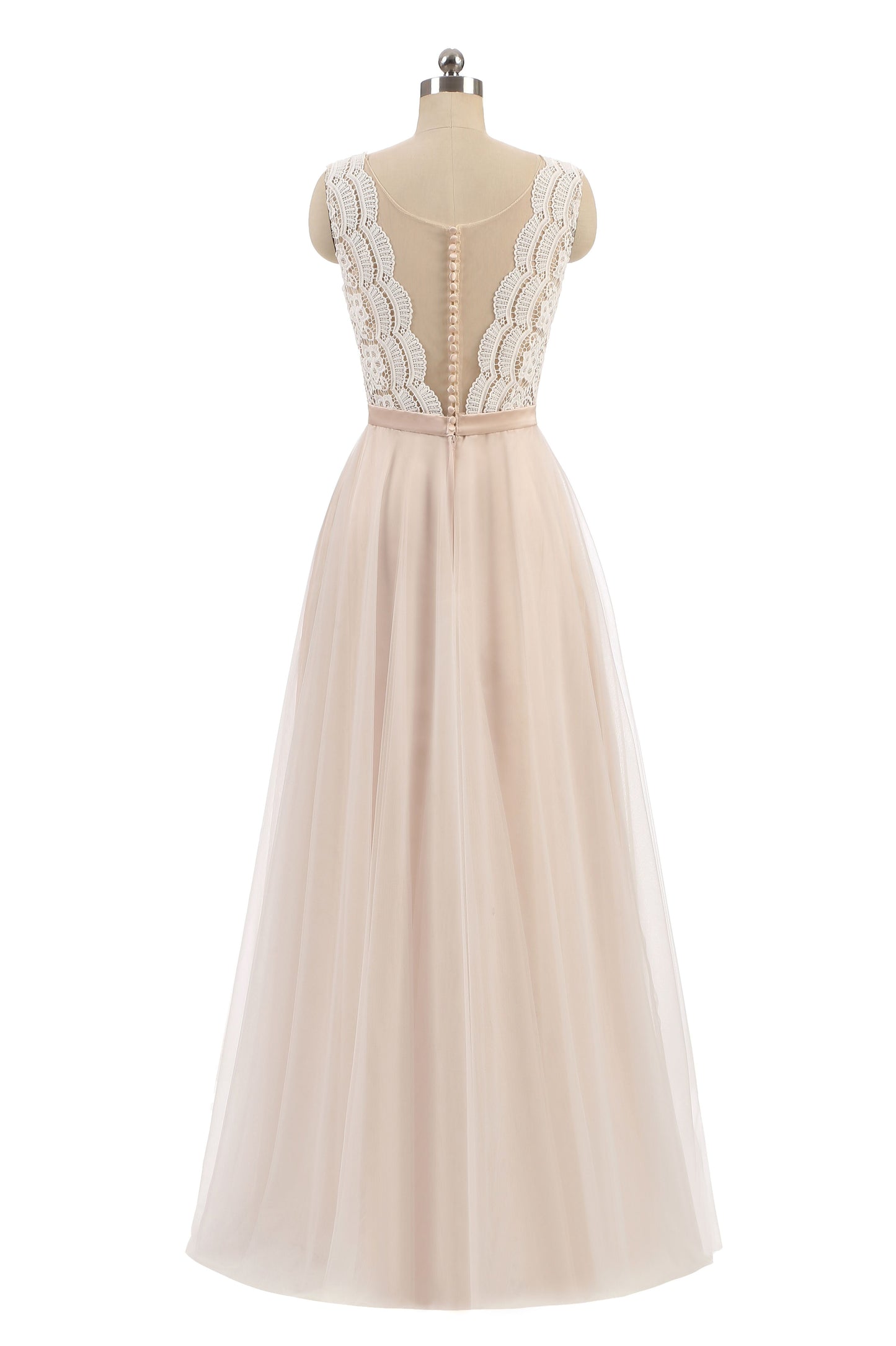 Vestido Largo Champagne con Escote en V y Corsé de Encaje con Falda de Tul