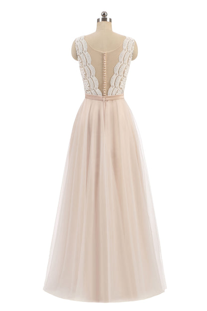 Vestido Largo Champagne con Escote en V y Corsé de Encaje con Falda de Tul