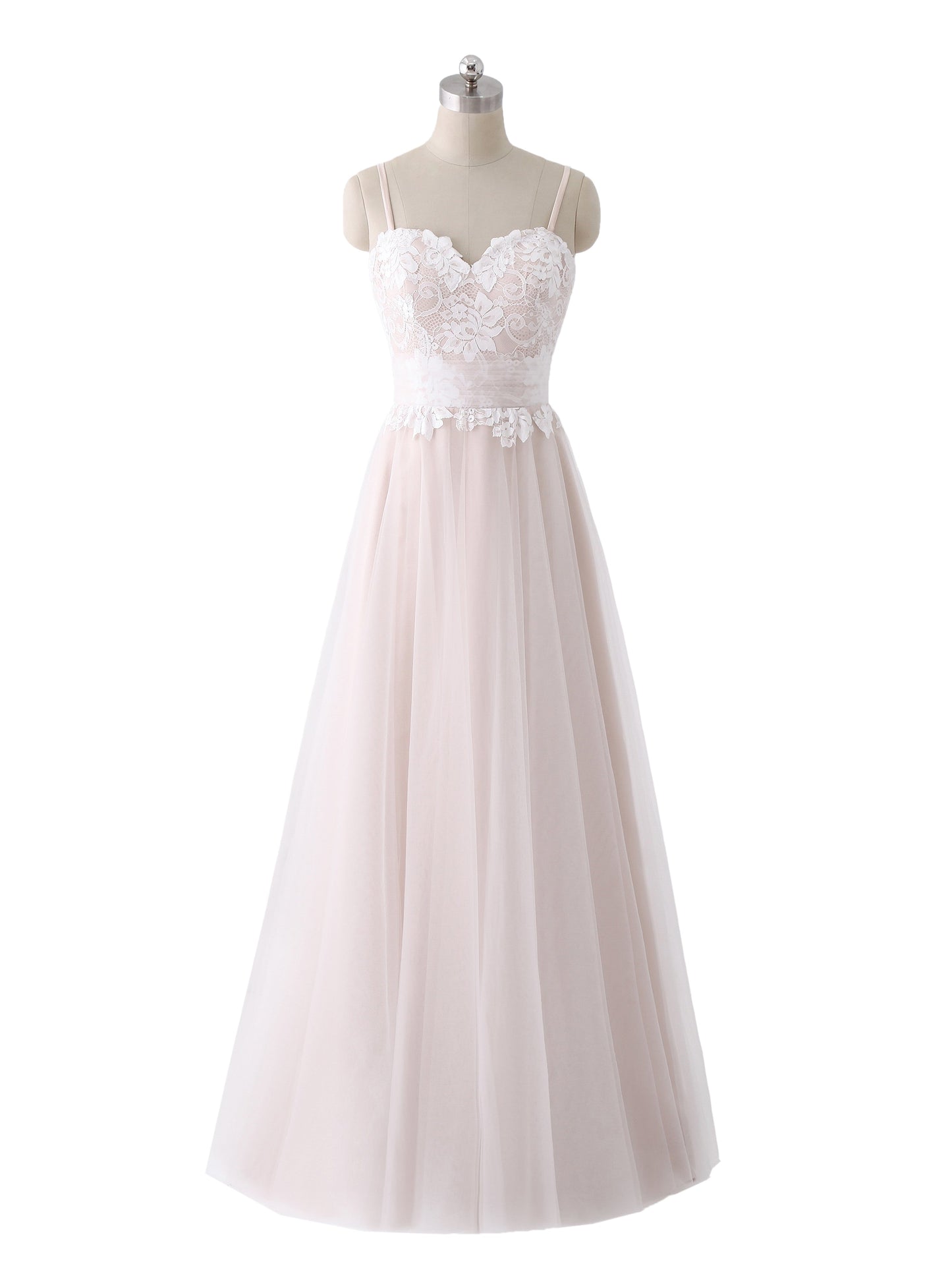 Robe de Tul Champagne con Escote Corazón y Tirantes Espagueti