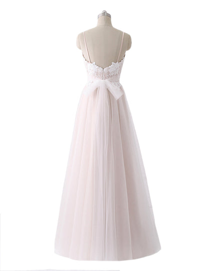 Robe de Tul Champagne con Escote Corazón y Tirantes Espagueti