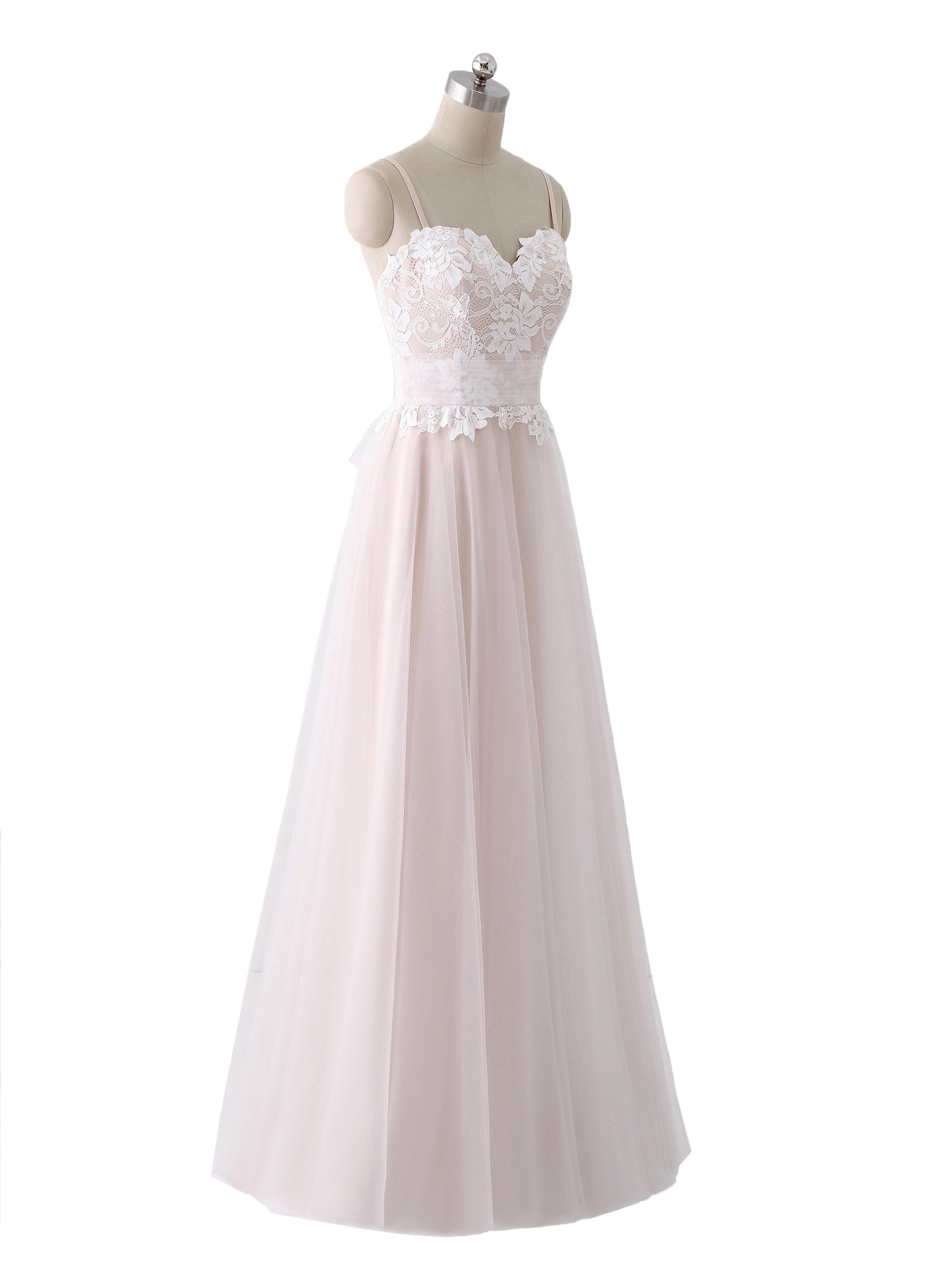 Robe de Tul Champagne con Escote Corazón y Tirantes Espagueti