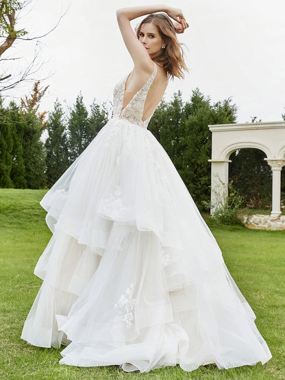 Vestido de Novia Sin Mangas con Escote en V Profundo y Corsé de Encaje Color Marfil