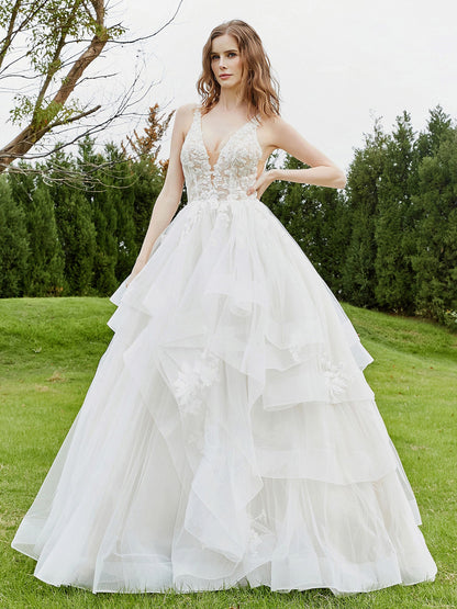 Vestido de Novia Sin Mangas con Escote en V Profundo y Corsé de Encaje Color Marfil