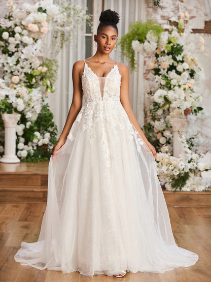 Vestido de Novia con Tirantes Espagueti y Escote en V Profundo en Color Marfil