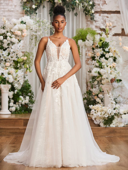 Vestido de Novia con Tirantes Espagueti y Escote en V Profundo en Color Marfil
