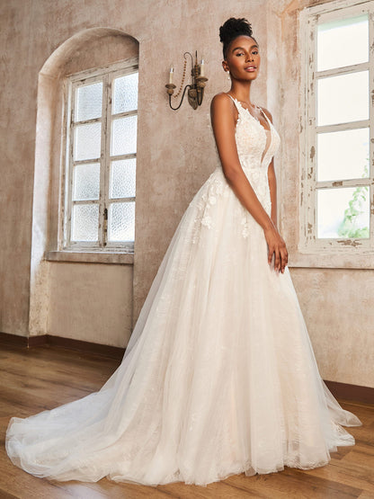 Vestido de Novia con Tirantes Espagueti y Escote en V Profundo en Color Marfil