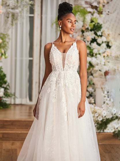 Vestido de Novia con Tirantes Espagueti y Escote en V Profundo en Color Marfil
