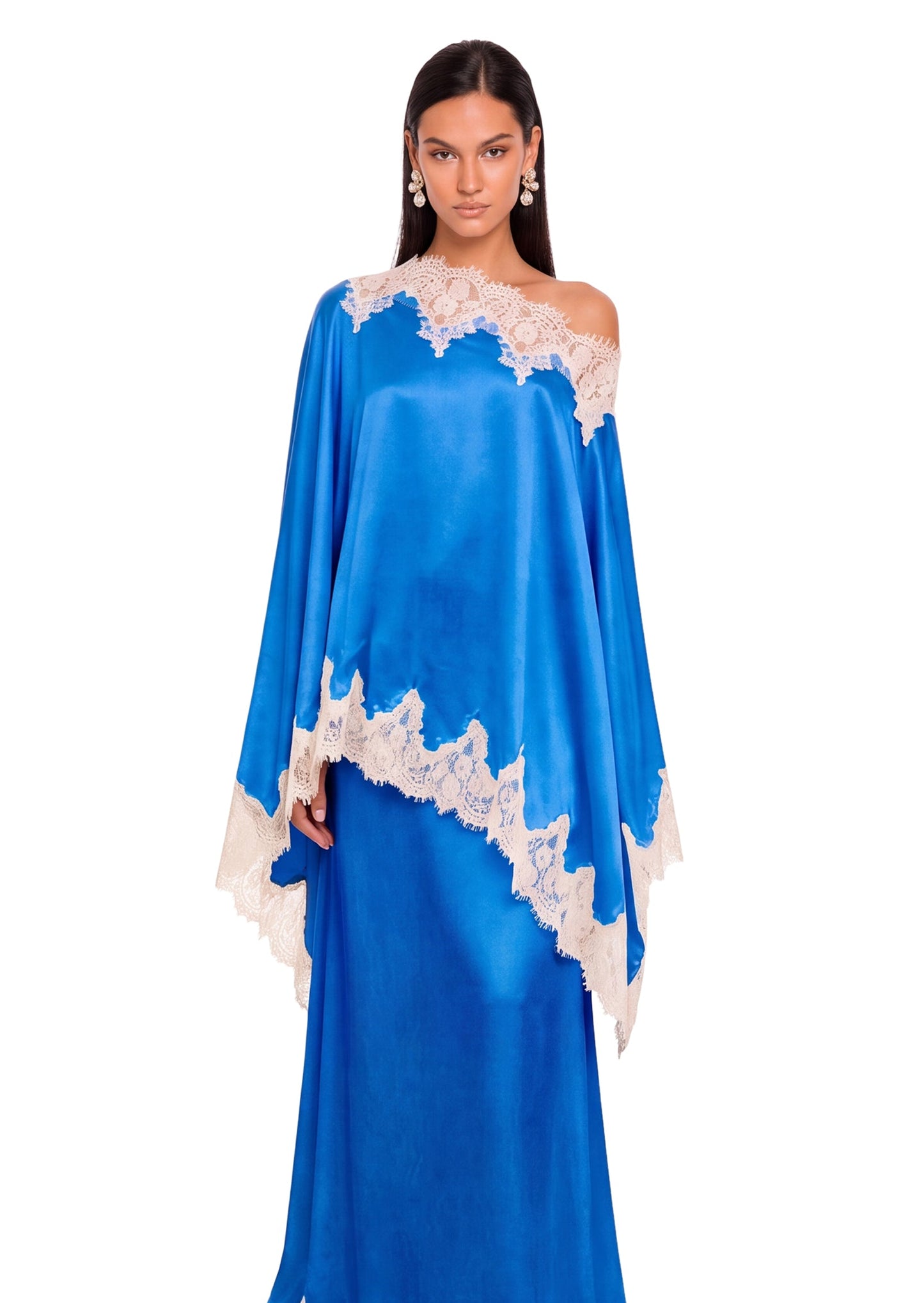 Conjunto de falda de satén con encaje Cadfan en tono azul
