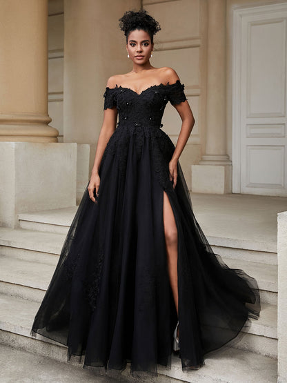 Robe de Mariée A-ligne Décolleté Hors Épaule avec Fente Noire