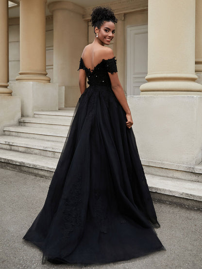 Robe de Mariée A-ligne Décolleté Hors Épaule avec Fente Noire