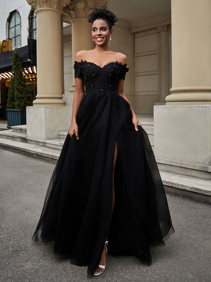 Robe de Mariée A-ligne Décolleté Hors Épaule avec Fente Noire